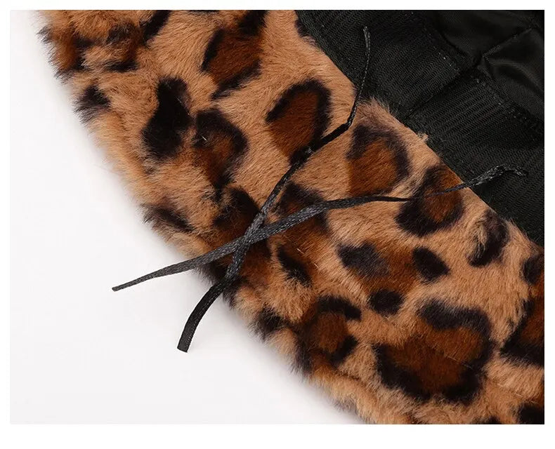 Women’s Winter Leopard Print Fisherman Hat – Versatile Plush Bucket Hat, Warm Pot-Style Headwear