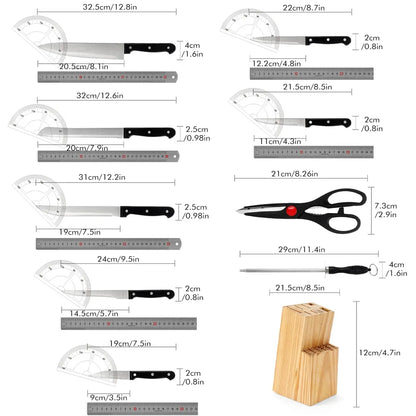 15-Piece Chef Knife Set – Stainless Steel Kitchen Knives with Scissors, Sharpening Rod & Solid Wood Block