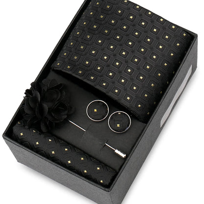 Elegant Men’s Necktie Gift Set - Fashion Tie with Handkerchief, Cufflinks & Brooch Pin Accessories for Business & Wedding