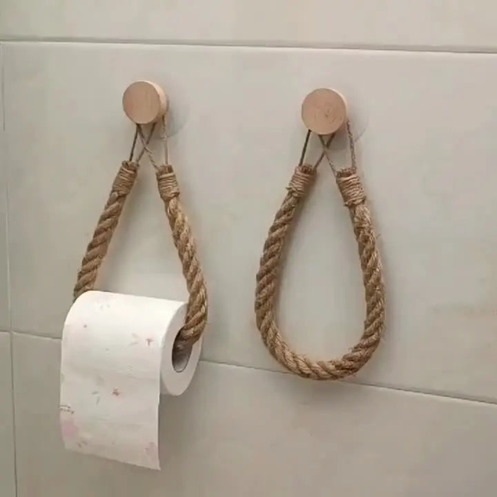 Rustic Hemp Rope Toilet Paper Holder – Self-Adhesive Wall Mount Bathroom Tissue Holder with Wooden Knob, Natural Braided Bathroom Decor