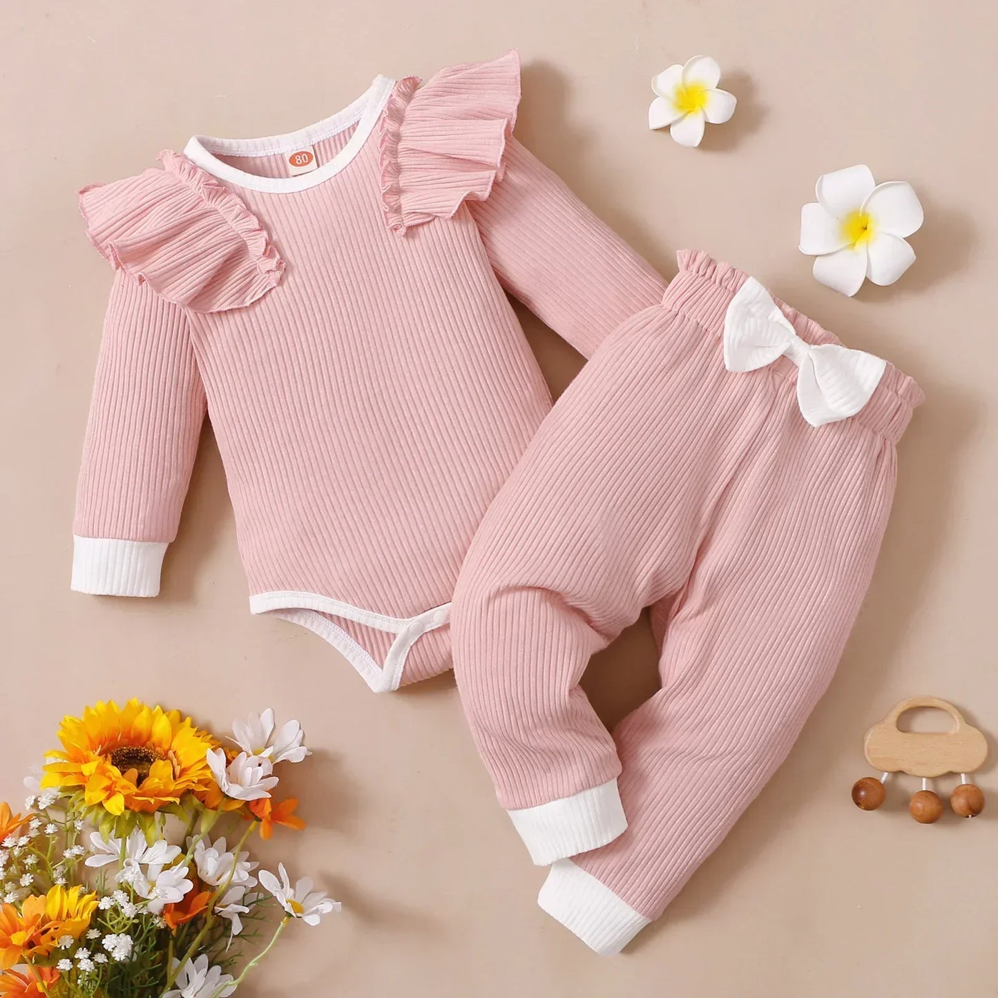 Newborn Baby Girls Clothes Set – Pink Ruffle Top & Heart Print Bow Trousers, Princess Casual Outfit for Infants