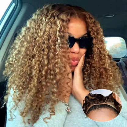 Deep Wave Honey Blonde Glueless Human Hair Wig — Pre-Cut HD Lace Front Ombre Curly Wig for Women