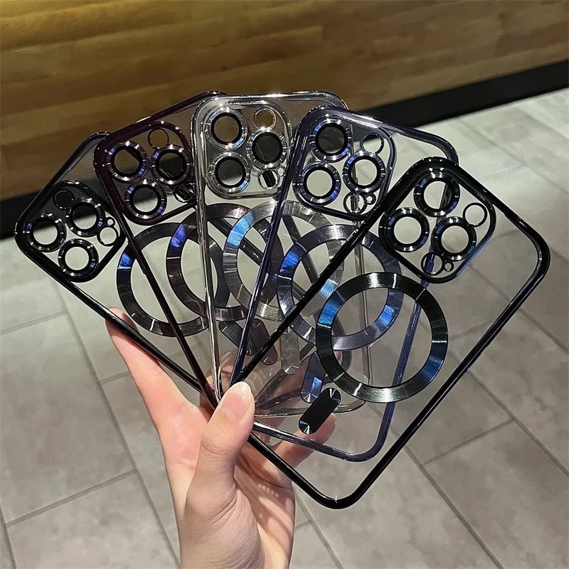 Luxury Plating MagSafe Wireless Charging Case — Clear Soft Magnetic Silicone Cover for iPhone 12–17 Pro/Max/Plus/16E