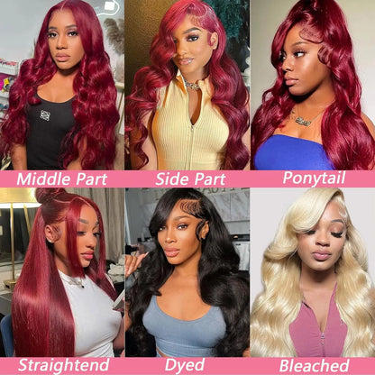 99J Burgundy Body Wave Human Hair Wig – 13x6 HD Transparent Lace Front, 30-40 Inch Curly Brazilian Hair for Women