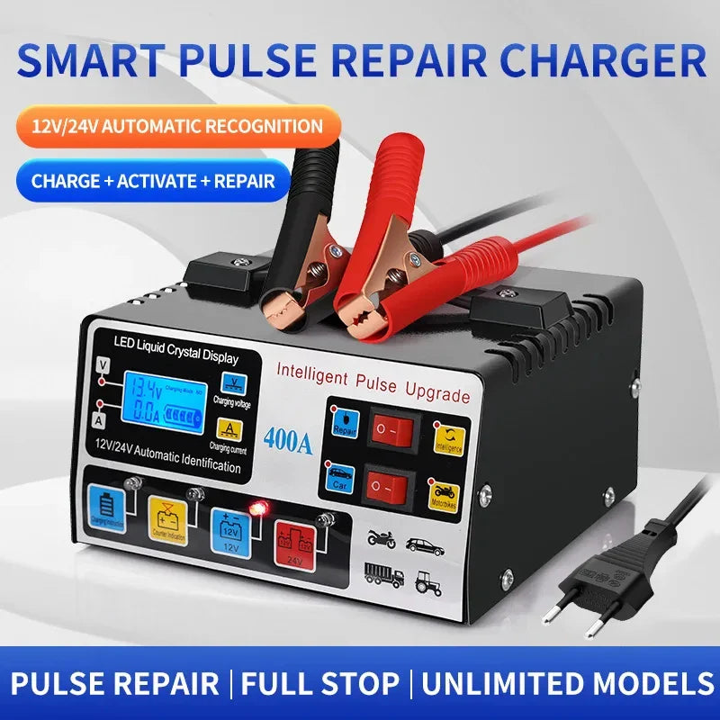 220W Metal Car Battery Charger 12V/24V – Fully Automatic High Power Fast Repair Smart Vehicle Battery Charging System