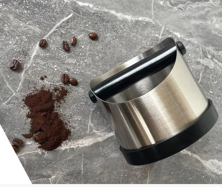 Stainless Steel Coffee Knock Box – Non-Slip Espresso Ground Bin with Rubber Ring and Beveled Design