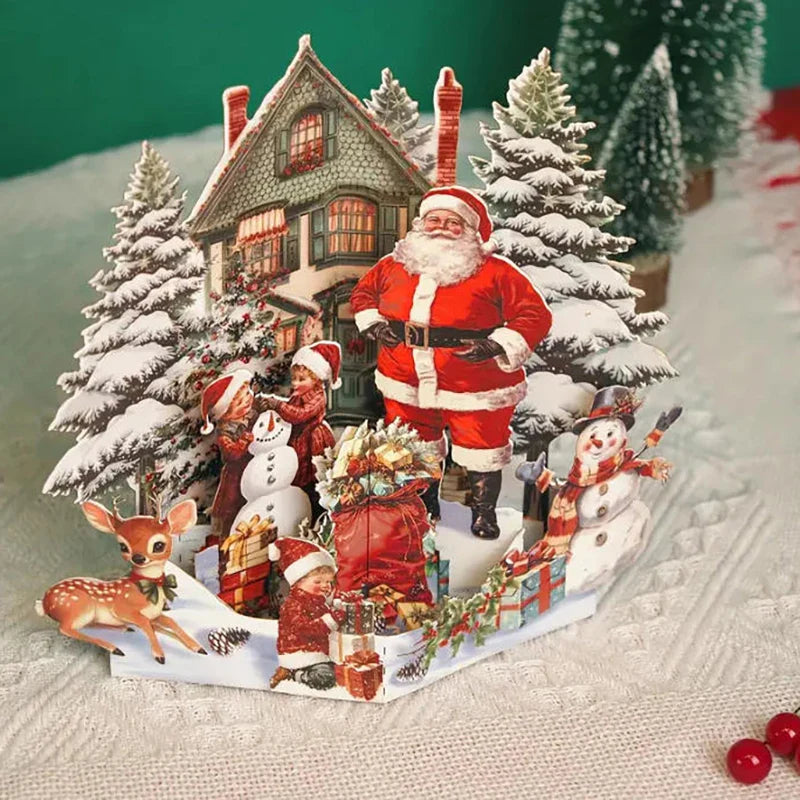 3D Christmas Card – Night Before Christmas Pop-Up Scene with Santa, Reindeer & Snowy Village