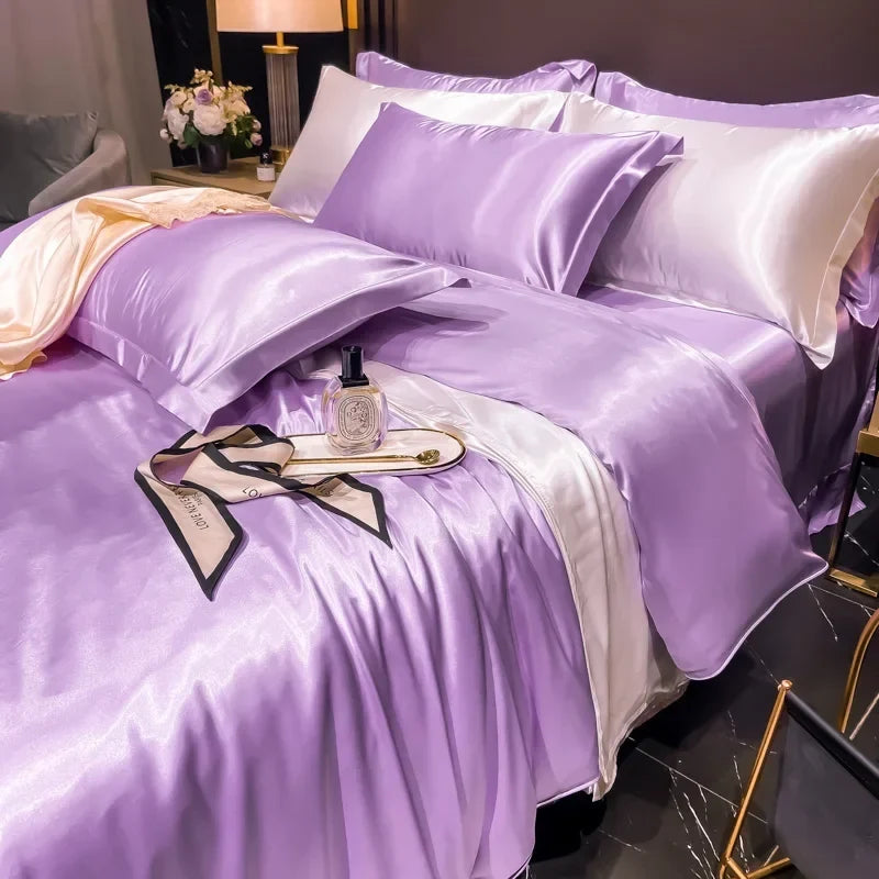 Solid Silk Bedding Set - Luxury Duvet Cover Bed Sheet Pillowcase Set For King Single Double Couple Beds