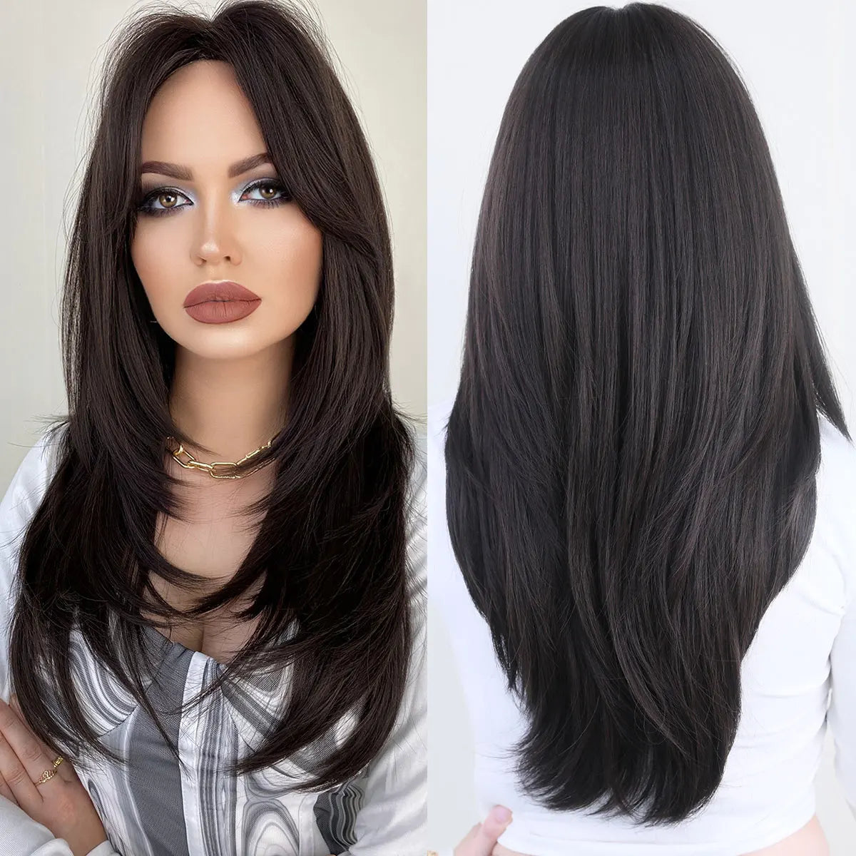 7JHH Honey Blonde Wig with Bangs - Long Brown Layered Heat Resistant Synthetic Wig for Women, Daily Use