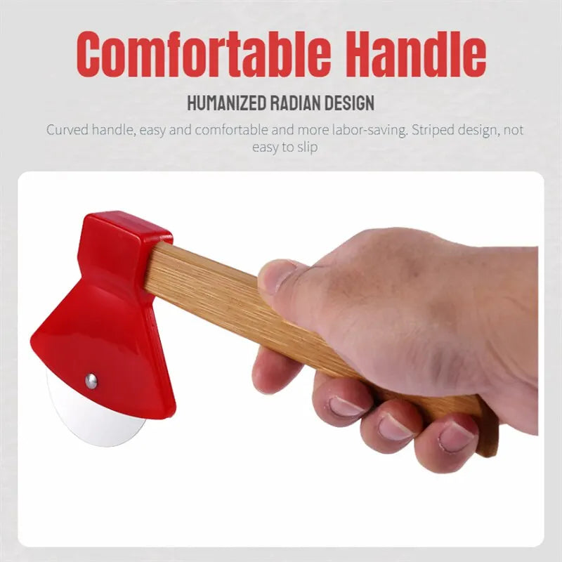 1Pcs Axe-Shaped Stainless Steel Pizza Cutter Wheel - Bamboo Handled Pizza Knife with Rotating Blades - Slicer Roll