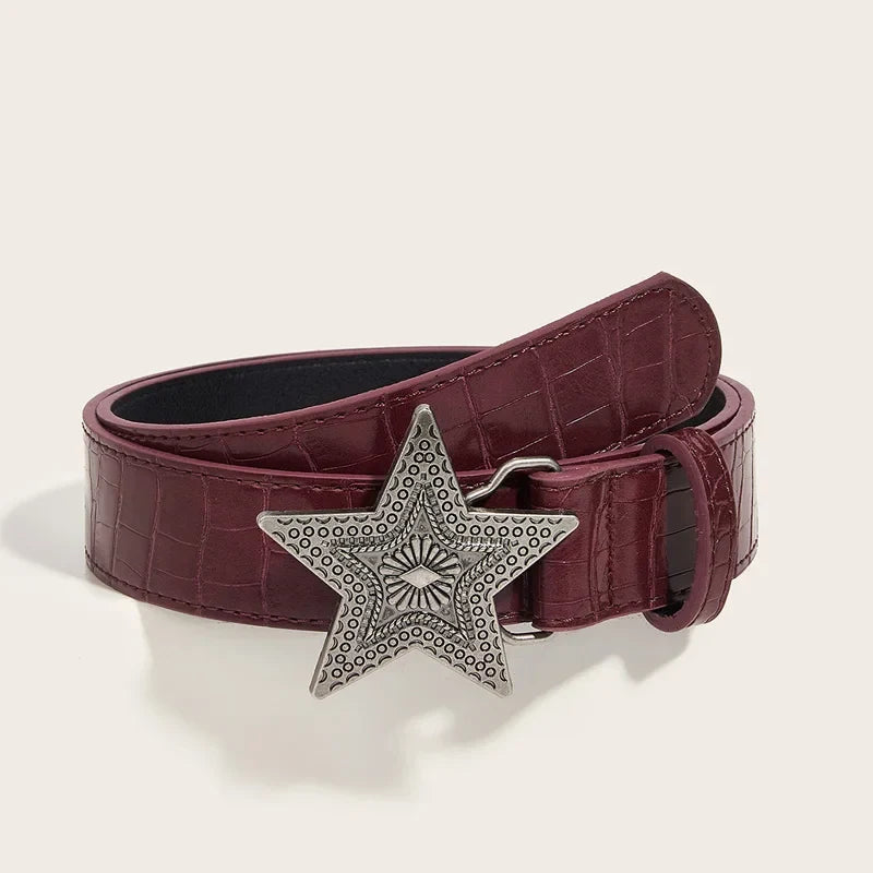 Gothic Punk PU Leather Belt - 3.3cm Wide Y2K Retro Star Buckle Waistband for Women
