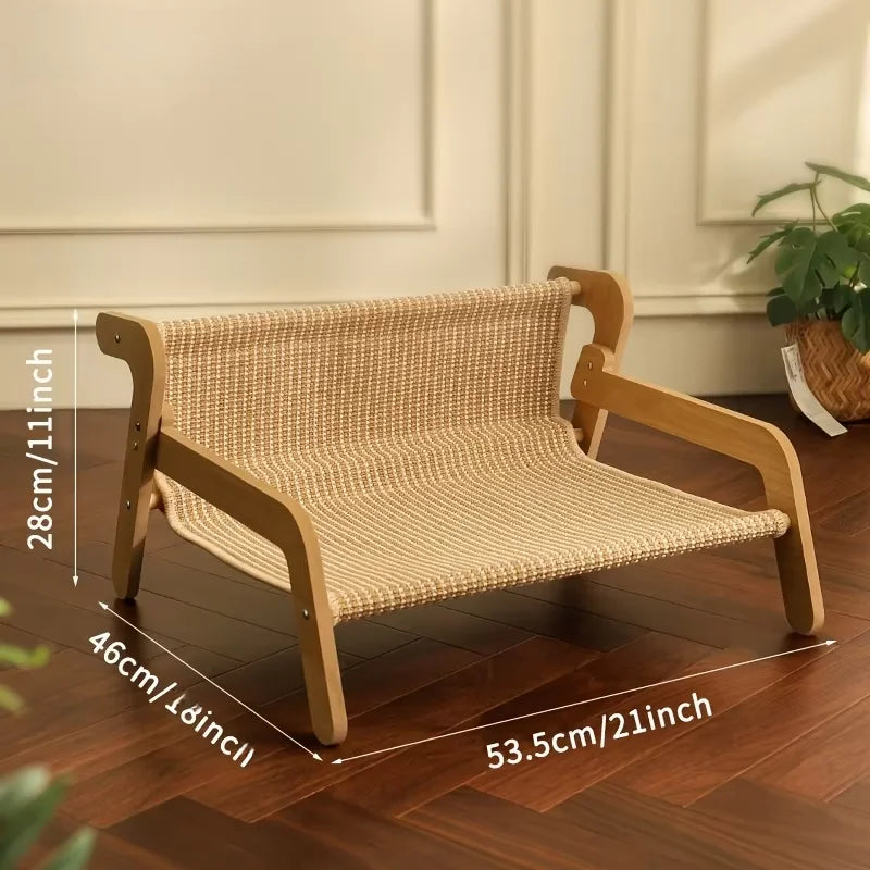 Large Sisal Cat Scratcher Lounge Bed – 2-in-1 Off-Ground Wooden Frame Cat Hammock, Breathable Scratch & Rest Sofa for Cats