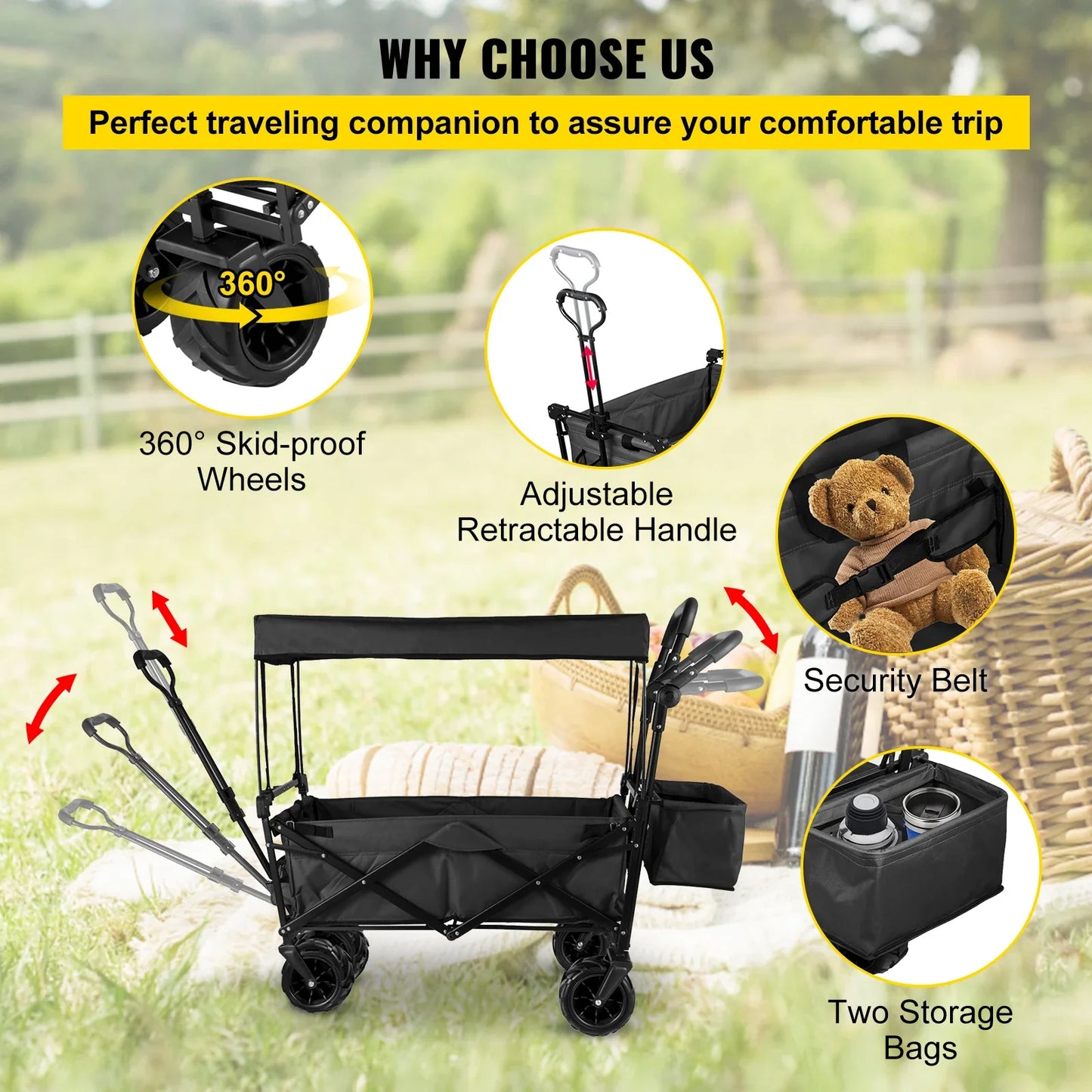 VEVOR Extra Large Collapsible Garden Wagon – Foldable Cart with Removable Canopy for Camping, Shopping & Groceries
