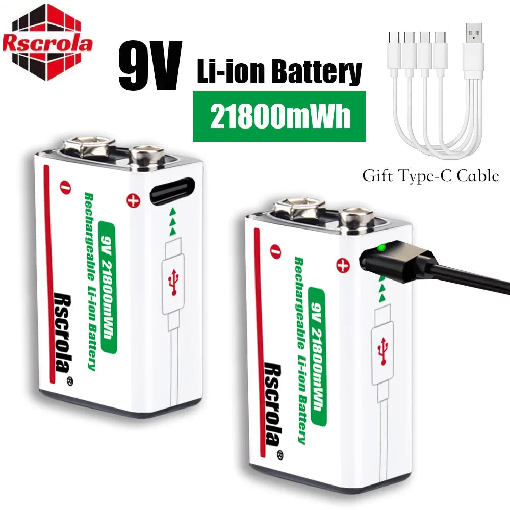 9V Lithium-Ion Rechargeable Battery 21800mWh – High-Capacity Power for Guitar, Microphone, Smoke Detector & Pedals with Cable