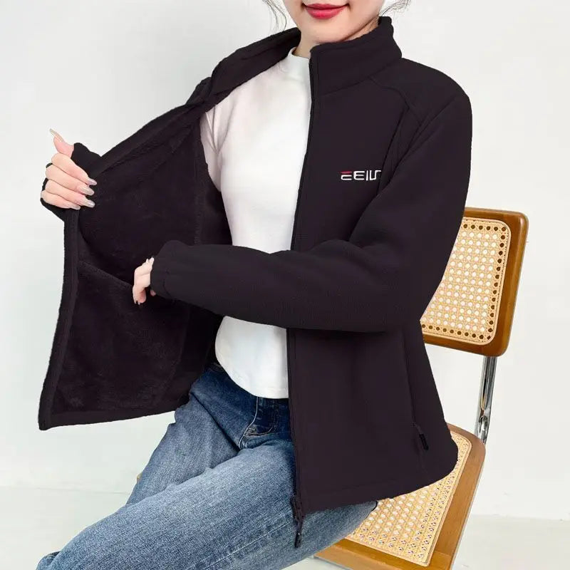 Women’s Lamb Velvet Zip-Up Jacket - Warm Embroidered Stand Collar Casual Sweatshirt