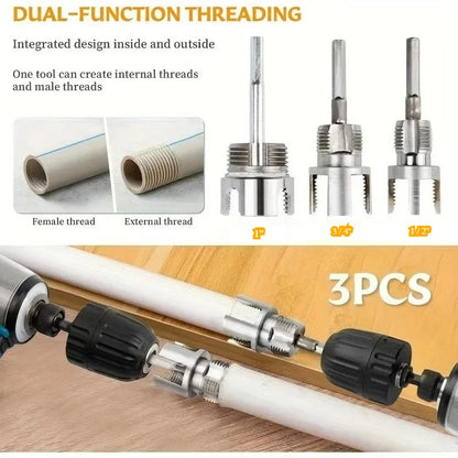3-Piece Heavy-Duty Carbon Steel Pipe Threading Kit – 1/2” 3/4” 1” Male & Female Threads for PVC, PPR & MPP Pipes