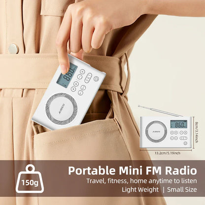AIBEN C5S Mini Portable Radio — Handheld Rechargeable Digital FM Radio with USB Charging Port & Built-In Speaker