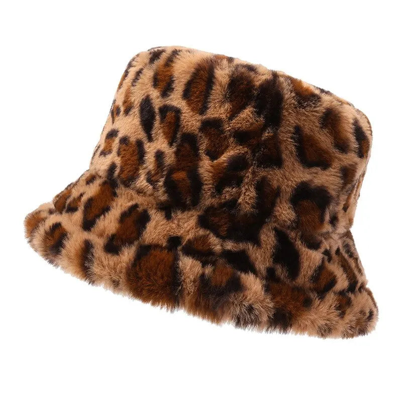 Women’s Winter Leopard Print Fisherman Hat – Versatile Plush Bucket Hat, Warm Pot-Style Headwear