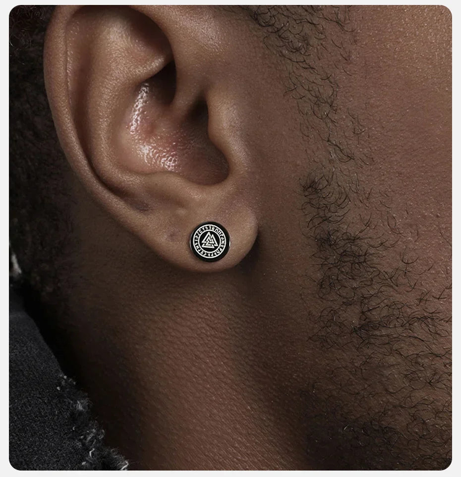 Vnox Men's Viking Black Stud Earrings - Vegvisir & Norse Valknut, Cool Punk Stainless Steel Set