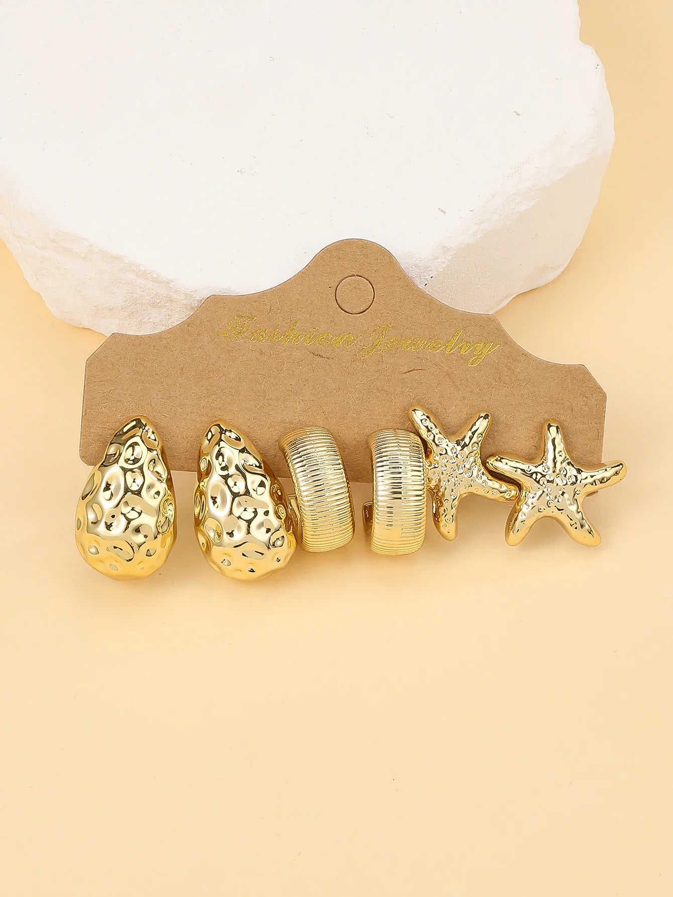 3–6 Pair Fashion Earrings Set – Gold Starfish, Seashell, Water Drop & C-Shape Textured Earrings for Travel & Vacation Style Jewelry
