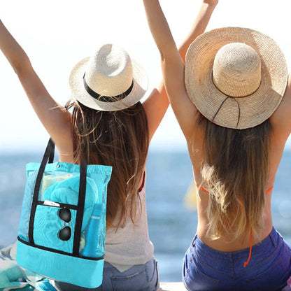 Women's Double-Layer Mesh Picnic Beach Bag: Transparent, High-Capacity Heat Preservation Swim Storage Tote - Waterproof Shopping Bags