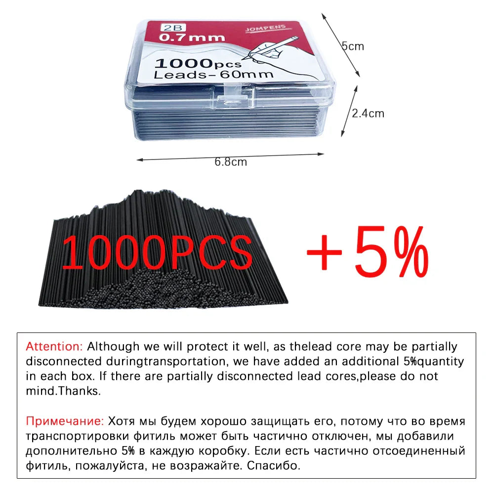 1000pcs Mechanical Pencil Lead Refills - 0.5 0.7 0.9mm 2B 60mm Art Drawing Automatic Pencil Replacement with 2 Tubes - Stationery