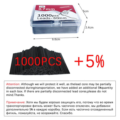 1000pcs Mechanical Pencil Lead Refills - 0.5 0.7 0.9mm 2B 60mm Art Drawing Automatic Pencil Replacement with 2 Tubes - Stationery