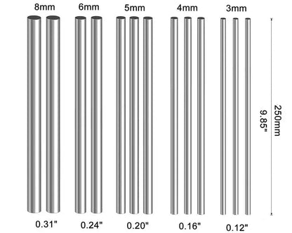 304 Stainless Steel Round Rod - Metric Linear Shaft 0.8mm–14mm Diameter, 125mm–500mm Length