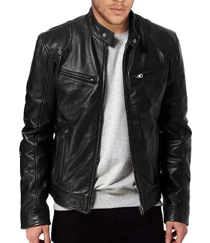 Men’s Slim Fit Motorcycle Leather Jacket – Short Lapel PU Zipper Windproof Coat for Autumn