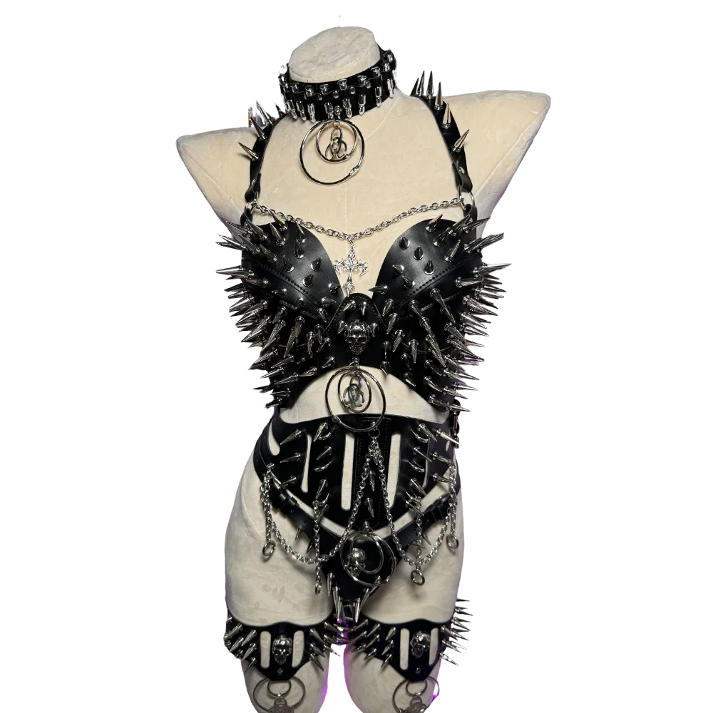 Y2K Gothic Punk Halter Top - Spiked Studded Chain Grunge Emo Rave Festival Style