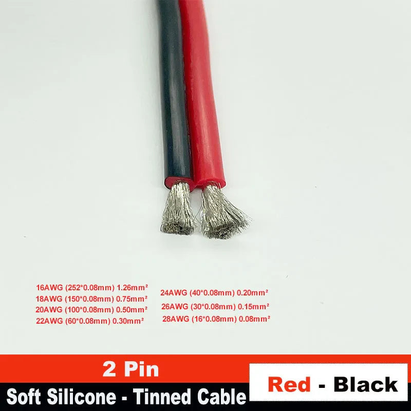2-Pin Red & Black Extension Cable – PVC/Silicone Tinned Copper Wire (16–28 AWG)