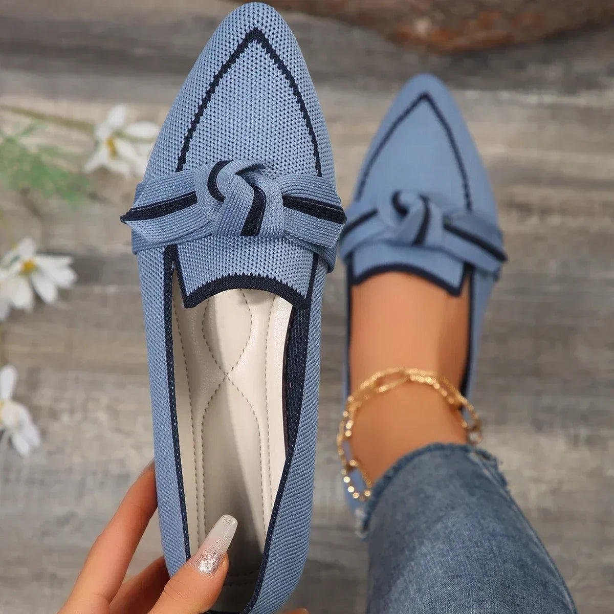 Women’s Knitted Flats 2024 – Breathable Slip-On Casual Loafers, Pointed Toe Comfortable Walking Sneakers, Solid Color Shoes