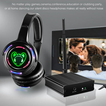 Silent Disco Complete System – Black LED Wireless Headphones Bundle with 5 Headsets & 1/2/3 Transmitters for Quiet Parties