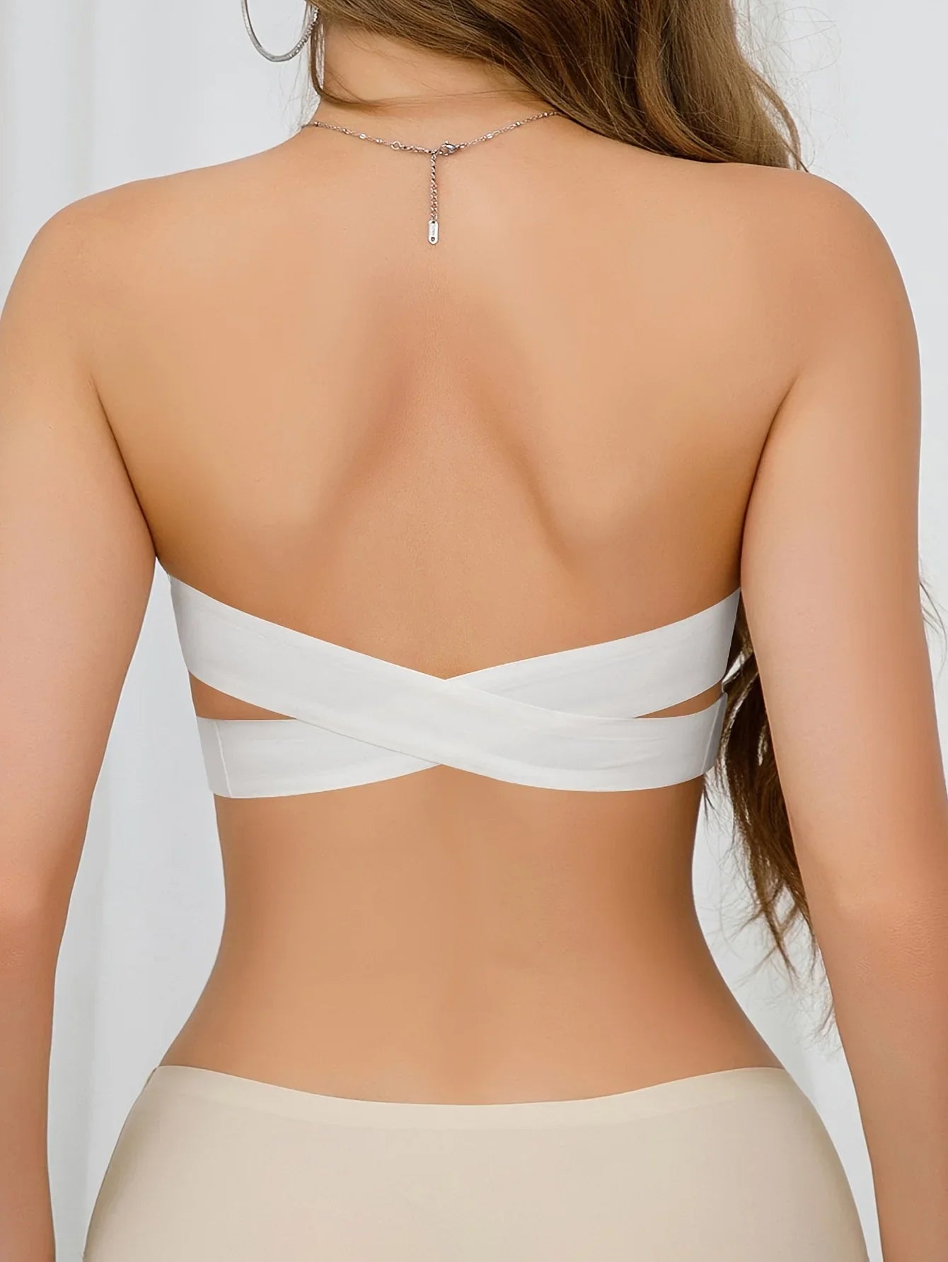 Strapless Bra with Side Clasps – Nylon Knit Fabric, Removable Padding & Crisscross Strap Details