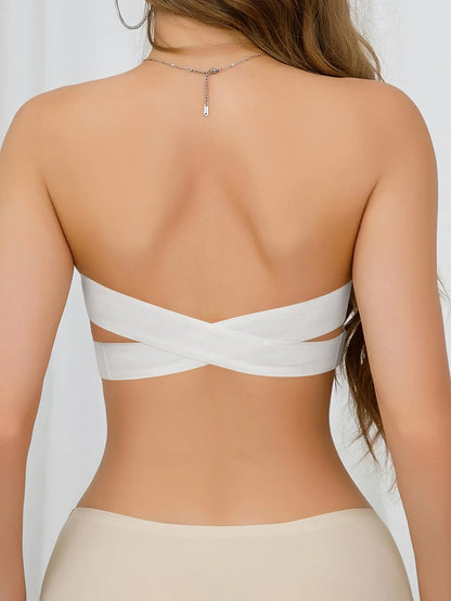 Strapless Bra with Side Clasps – Nylon Knit Fabric, Removable Padding & Crisscross Strap Details