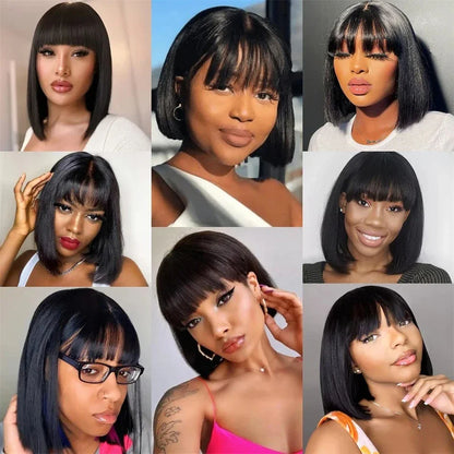 3-in-1 Middle Part Bob Lace Wig — Straight Short Human Hair with Bangs, Machine Made for Women