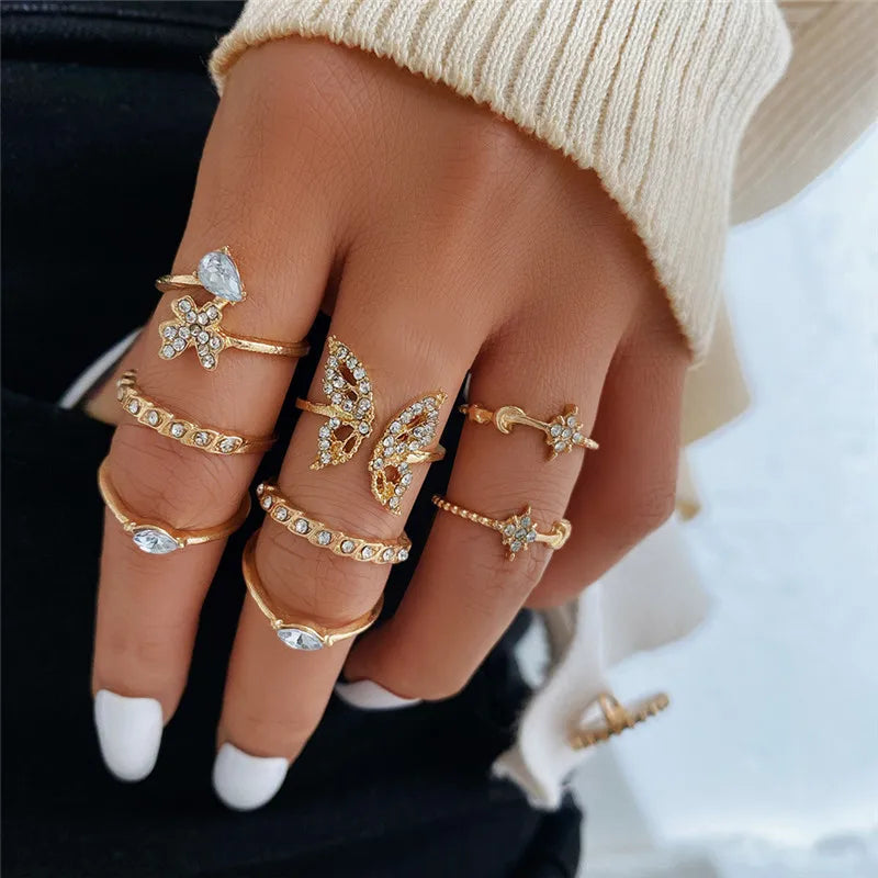 Women’s Silver Crystal Ring Set – Cubic Zirconia Moon, Arrow, Flower & Heart Wedding Fashion Jewelry