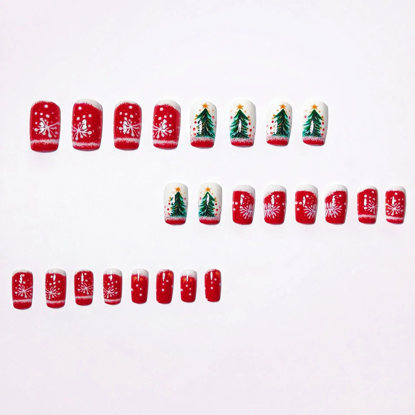 Medium Long Christmas Fake Nails – Square & Almond Tips with Tree, Snowflake & Snowman Designs