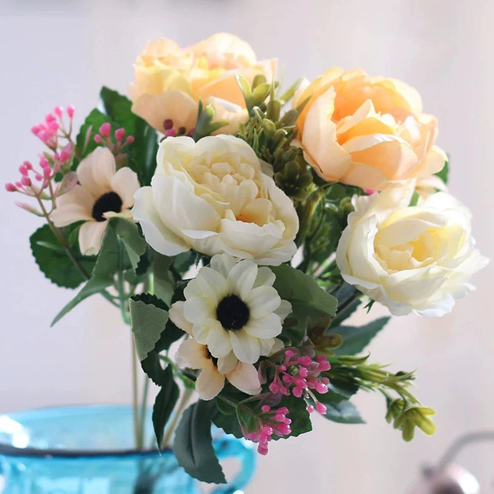 Silk Artificial Flower Bouquet – Peony, Baby’s Breath & Daisy Accessories for Wedding, Home, Room & Party Decoration