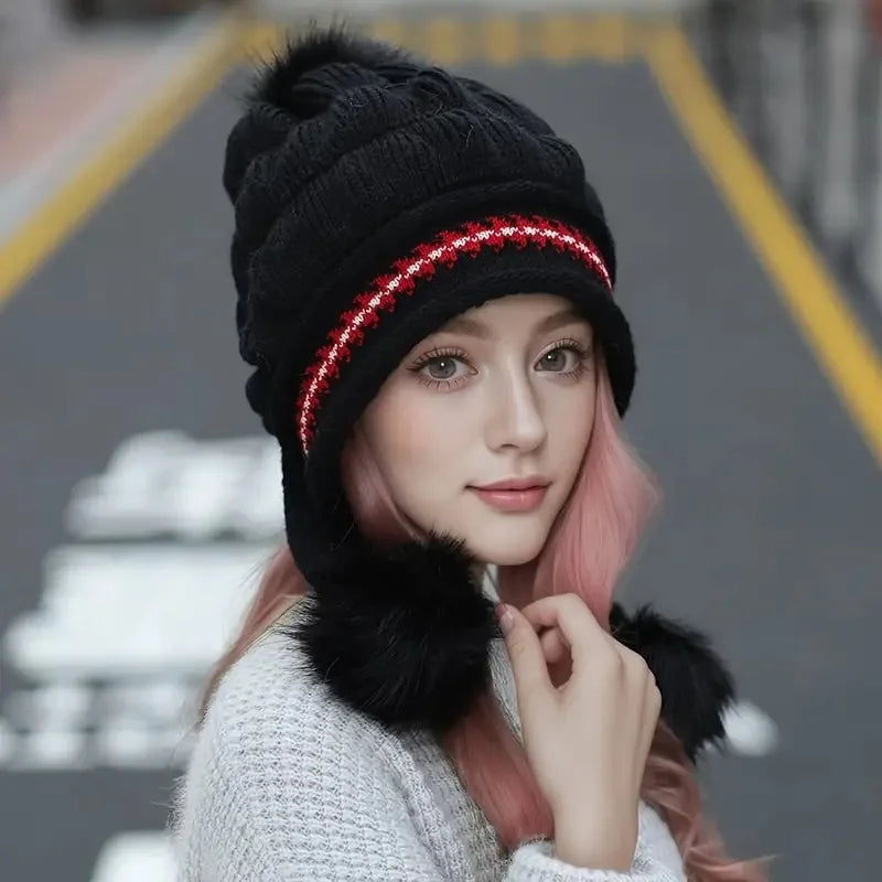 Cozy Knit Fleece Beanie with Ear Flaps & Pompom — Warm Winter Hat for Women, Ideal for Skiing & Outdoors