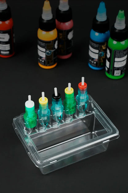 20PCS Tattoo Cartridge Needle Holders — Transparent Disposable Trays for Cleaning & Working Cups