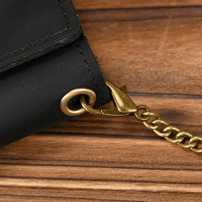 Men's Genuine Leather Short Wallet with Chain – Zipper Clutch, Trifold Purse, Card Holder & Coin Purse for Men