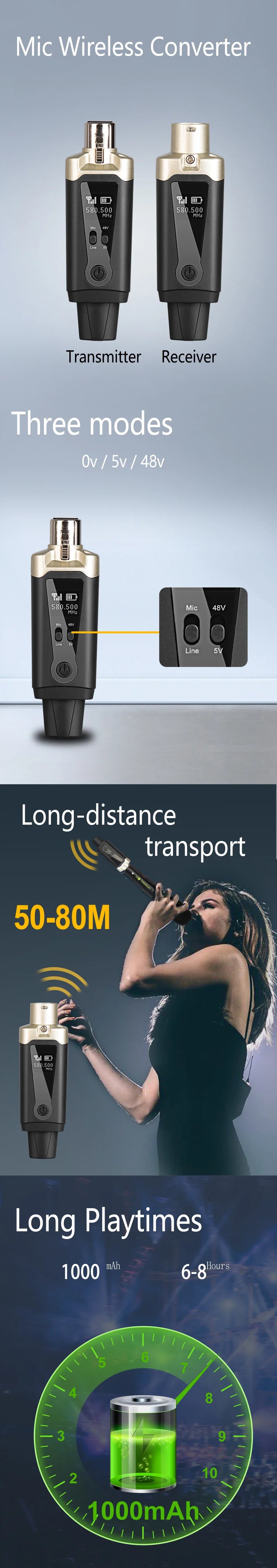 Wireless Microphone System with XLR Converter Adapter – UHF Automatic Transmitter for Condenser & Dynamic Mics