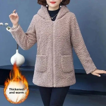 Women’s Thickened Hooded Cotton Jacket – Fleece-Lined Winter Coat, Warm Mommy-Style Outerwear by AE Stock