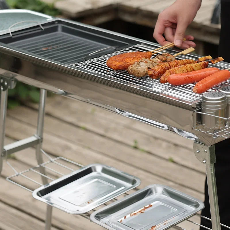 Portable Stainless Steel Charcoal Grill - Large Folding BBQ Cooker with Handle for Outdoor Camping & Barbecue