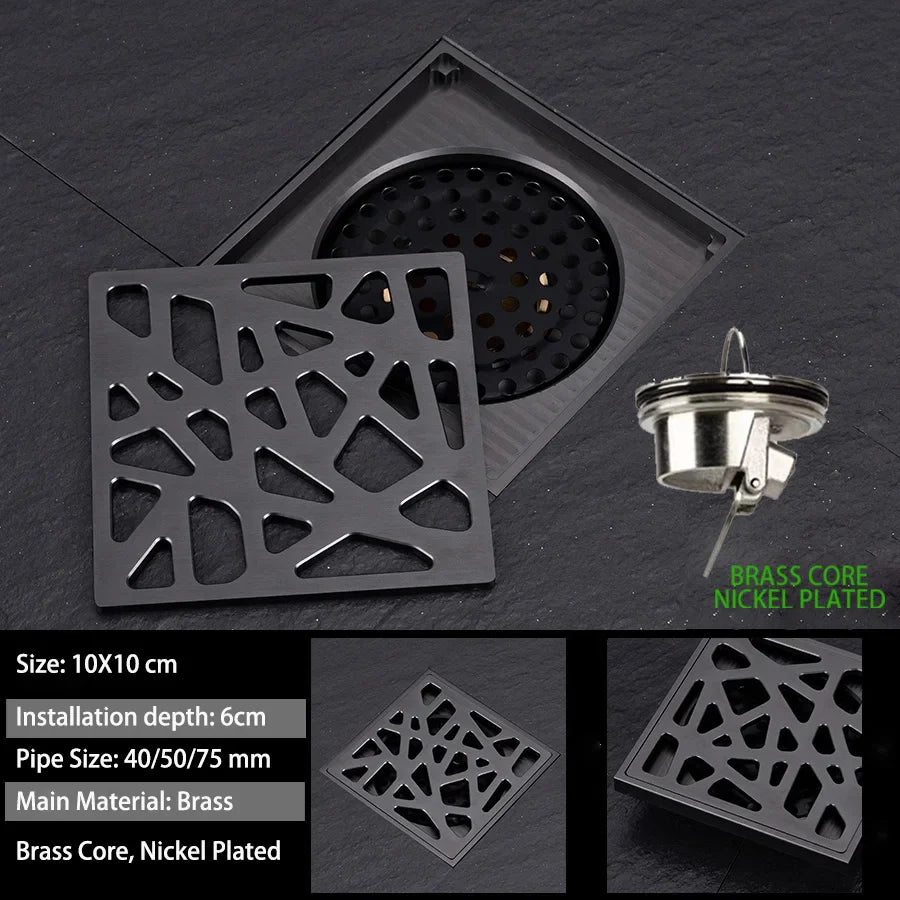 Luxury Brass Floor Drain — 10x10CM Carved Anti-Odor & Insect-Proof Drain for Shower, Bathroom & Balcony