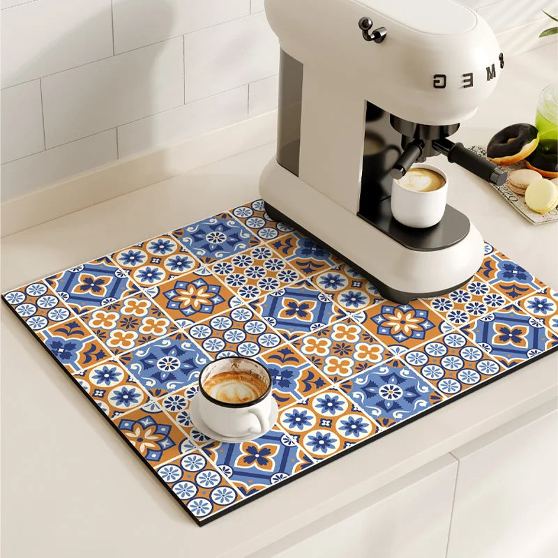 Retro Coffee Maker & Dish Drying Mat – Non-Slip, Quick-Dry Kitchen Placemat for Tableware, Washable