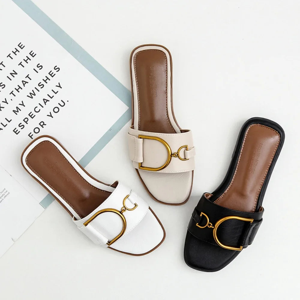 Women’s Flat Slippers — Summer Leather Square Toe Flats, Designer Slides & Luxury Sandals