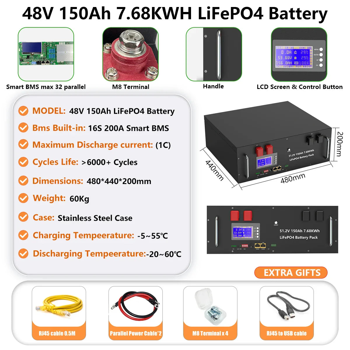 48V LiFePO4 Battery Pack — 100Ah/150Ah/200Ah 51.2V 10KW Rechargeable Lithium Solar Battery with 6000+ Cycles for Home Storage