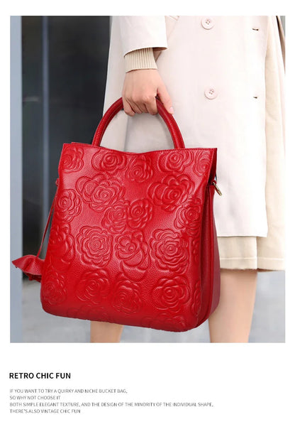 Classic Embossed Women’s Leather Bag — Large Capacity Top Cowhide Crossbody Purse